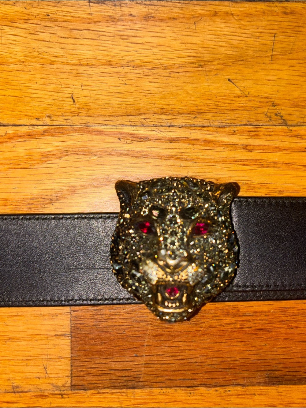 Gucci Black Leather Belt with Jeweled Jaguar Buckle